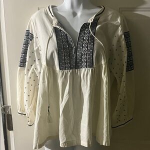 Lucky Brand Cream and Black Embroidered Blouse
